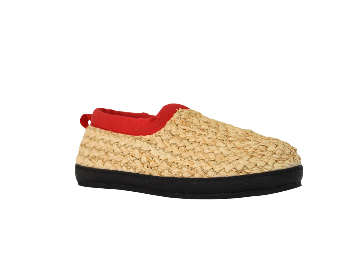 Strohschuhe Black Edition rot – Seitenansicht mit Fersenschlaufe